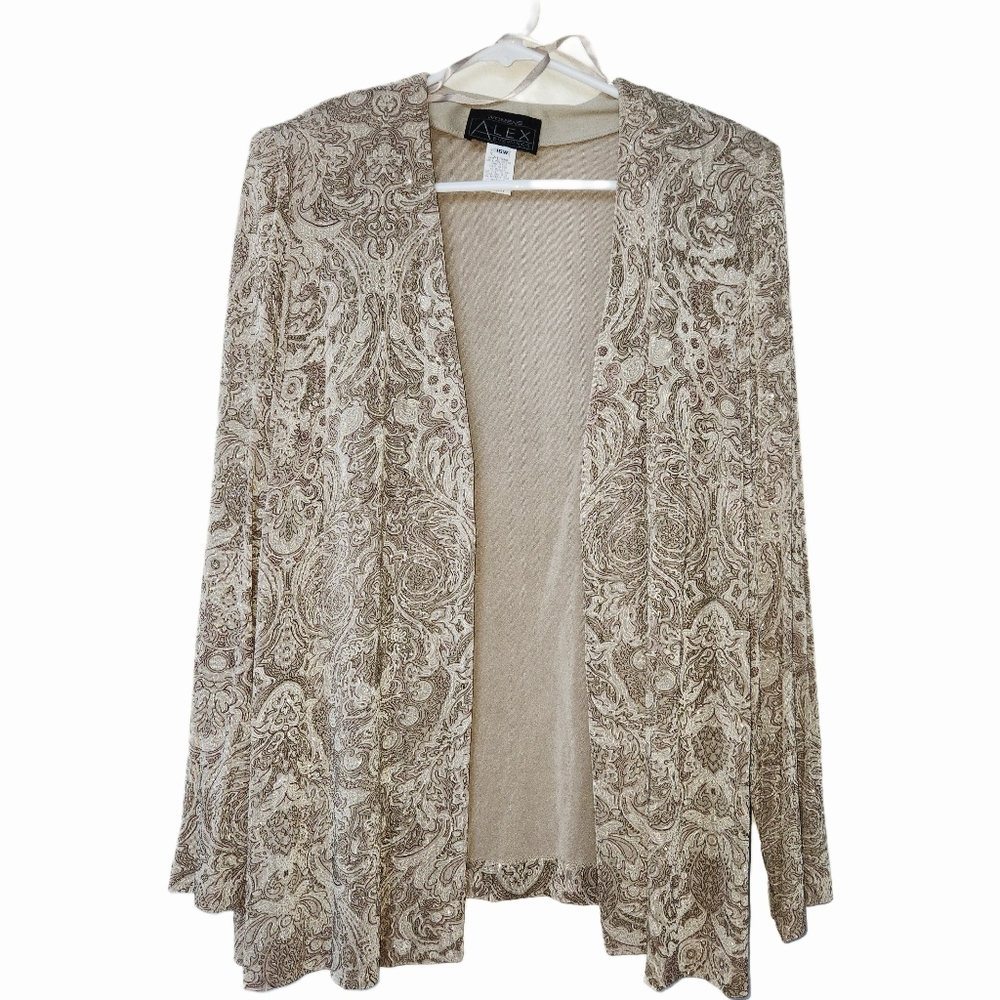 Alex 90s Evening Sparkly Paisley Cardigan Liquid Knit Open Front Size 16W/24"ptp
